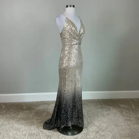 Mac Duggal Ombre Sequined Long Column Evening Gown Black and Gold Size 6 Dress - Picture 4 of 13